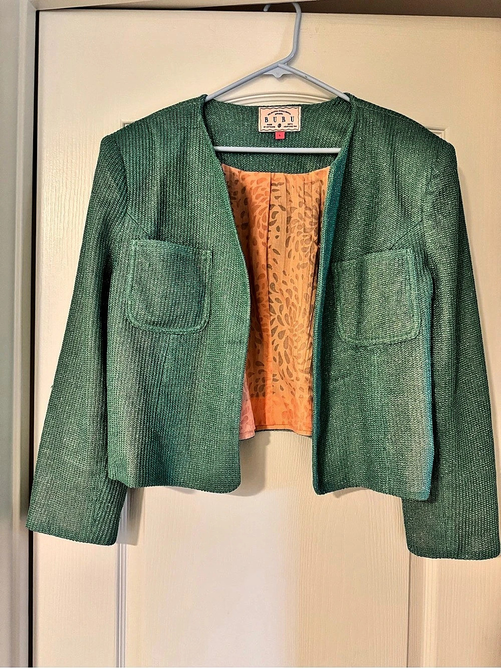 Buru Women's Tweed Blazer with Gold Shimmer in Turquoise Size Large Like New